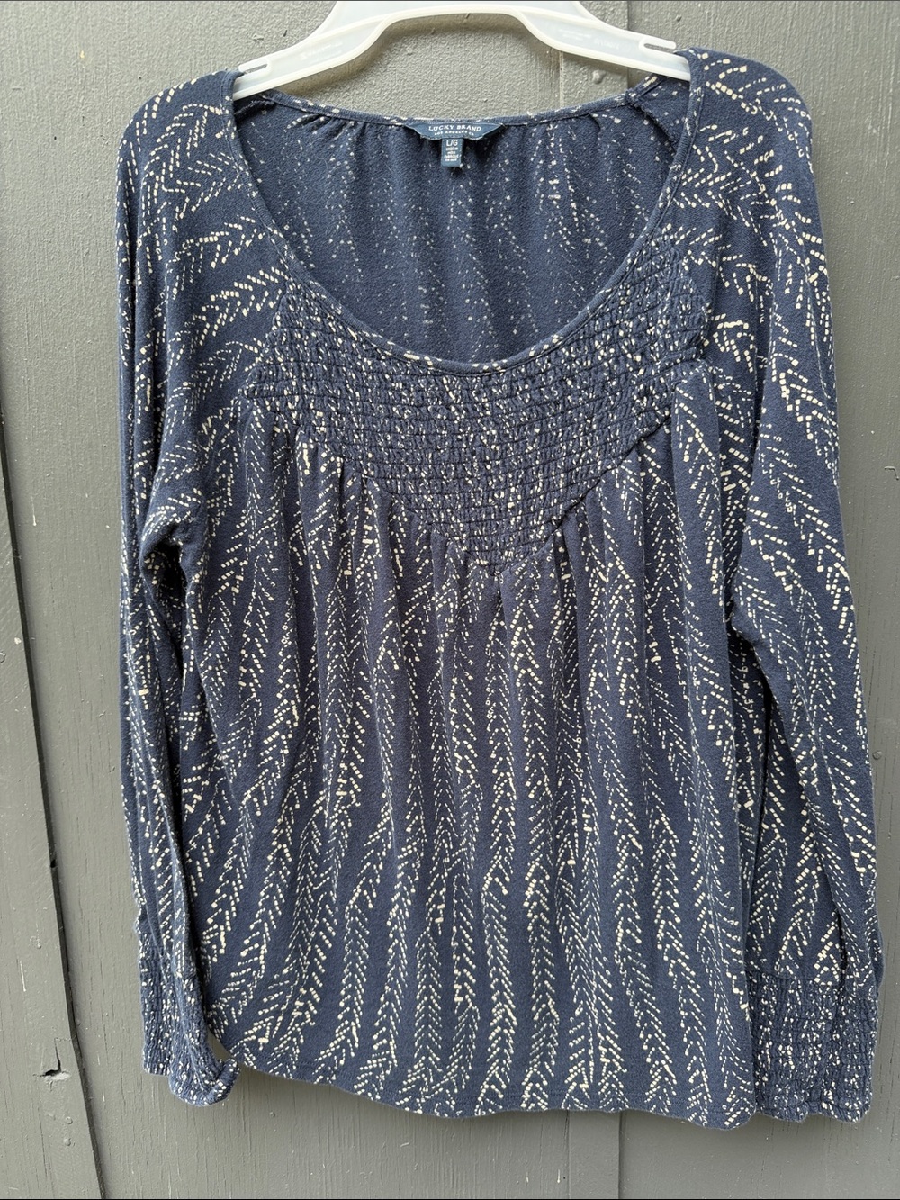 Lucky Brand Navy Long-Sleeve Smocked Yoke Tunic with Cream Dot Chevron Print